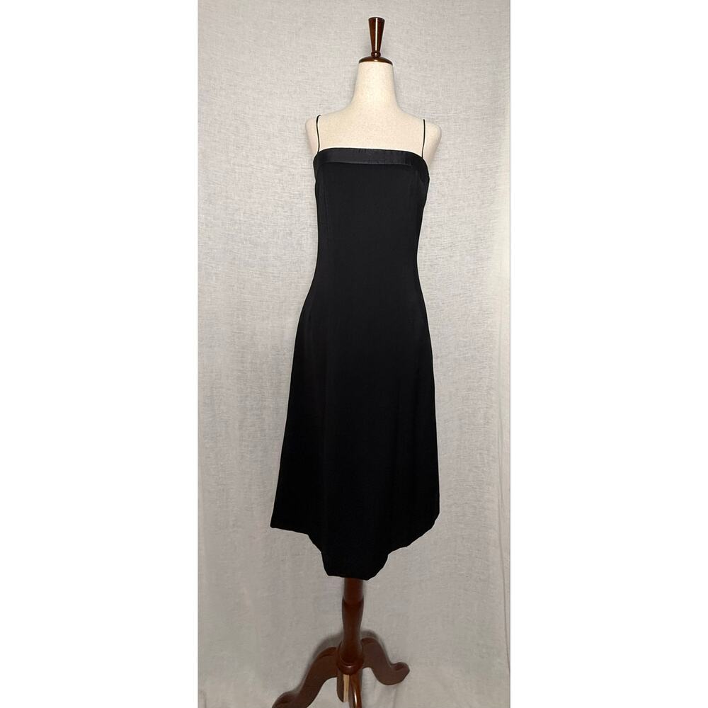 VTG Y2K Shin Choi Black Wool Minimal Slip Satin Trim Midi Cocktail LBD Dress
8